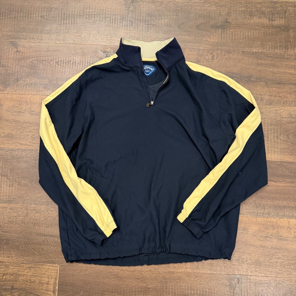 Callaway Golf Sport Mens Large Quarter Zip Windbreaker Navy Blue Yellow Stripe